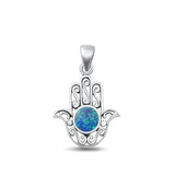 Sterling Silver Oxidized Blue Lab Opal Hamsa Pendant Face Height-20.5mm