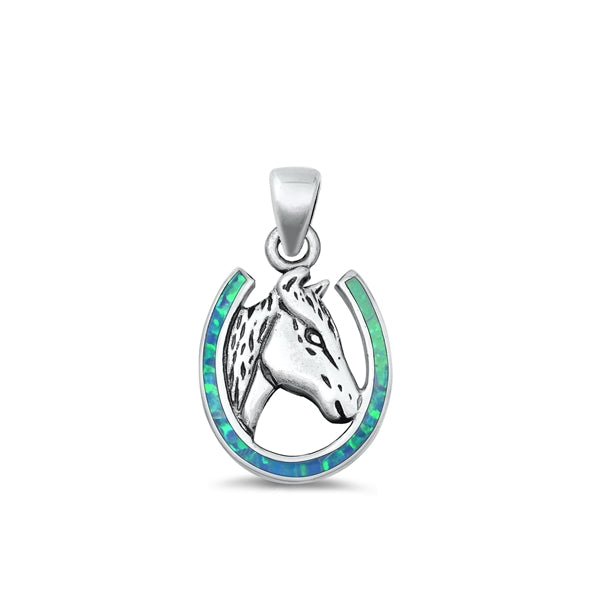 Sterling Silver Oxidized Horse Blue Lab Opal Pendant Face Height-16.8mm