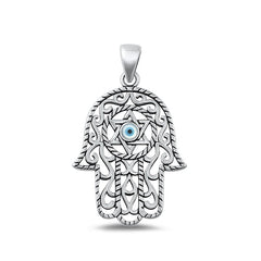Sterling Silver Oxidized Mother of Pearl Hamsa & Evil Eye Pendant Face Height-29.2mm