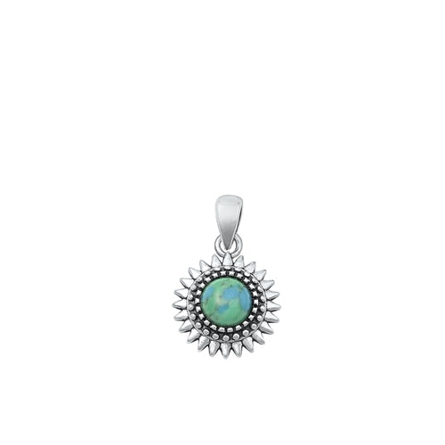 Sterling Silver Oxidized Genuine Turquoise Round Stone Pendant Face Height-12.8mm
