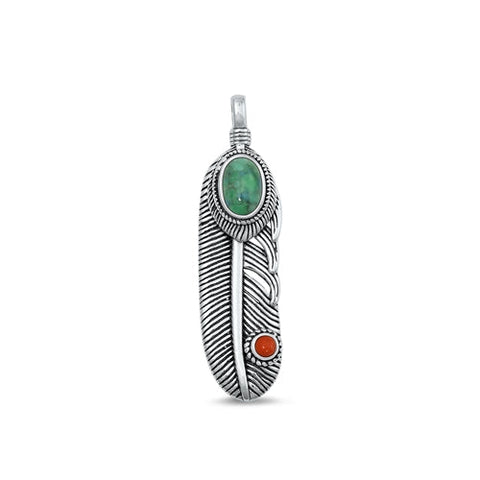Sterling Silver Oxidized Genuine Turquoise and Coral Pendant Face Height-29.2mm