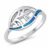 Sterling Silver Lab Blue Opal Leaf Clear CZ Ring