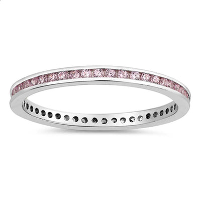 Sterling Silver Eternity Band Ring with Pink Swarovski Simulated Crystals on Channel Setting with Rhodium Finish, Band Width 2MM