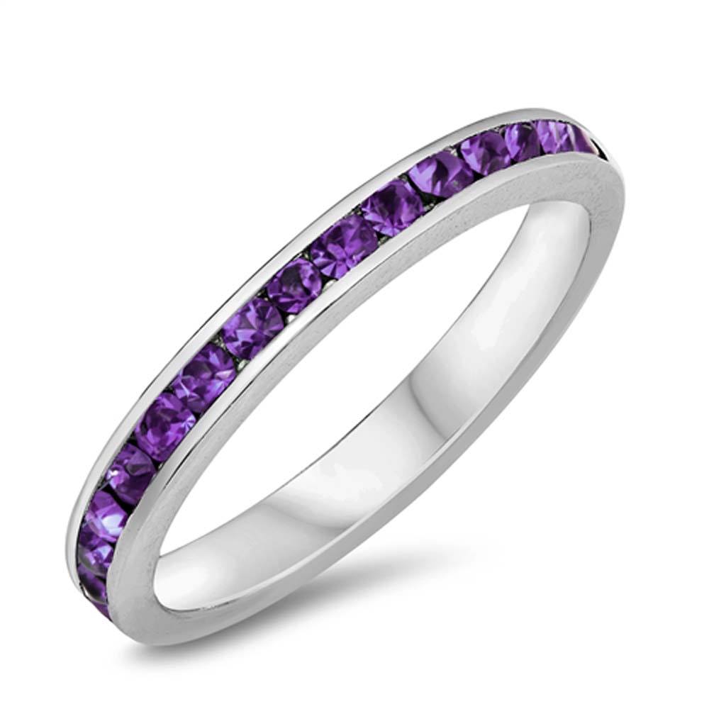 Sterling Silver Eternity Band Ring with Amethyst Crystals on Channel Setting with Rhodium FinishAnd Band Width 3MM