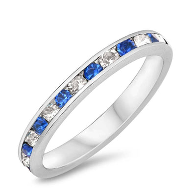 Sterling Silver Eternity Band Ring with Blue/Clear Multi Color Crystals on Channel Setting with Rhodium FinishAnd Band Width 3MM