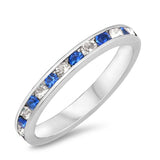 Sterling Silver Eternity Band Ring with Blue/Clear Multi Simulated Crystals on Channel Setting with Rhodium FinishAnd Band Width 3MM