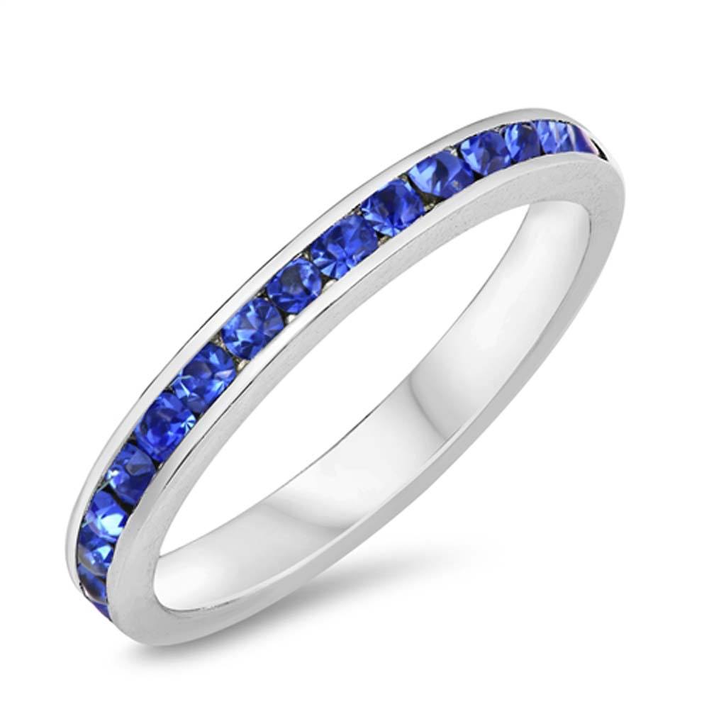 Sterling Silver Eternity Band Ring with Blue Sapphire Crystals on Channel Setting with Rhodium FinishAnd Band Width 3MM