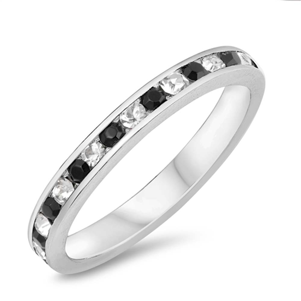 Sterling Silver Eternity Band Shaped Black and White Crystal Rings, Band Width 3mm
