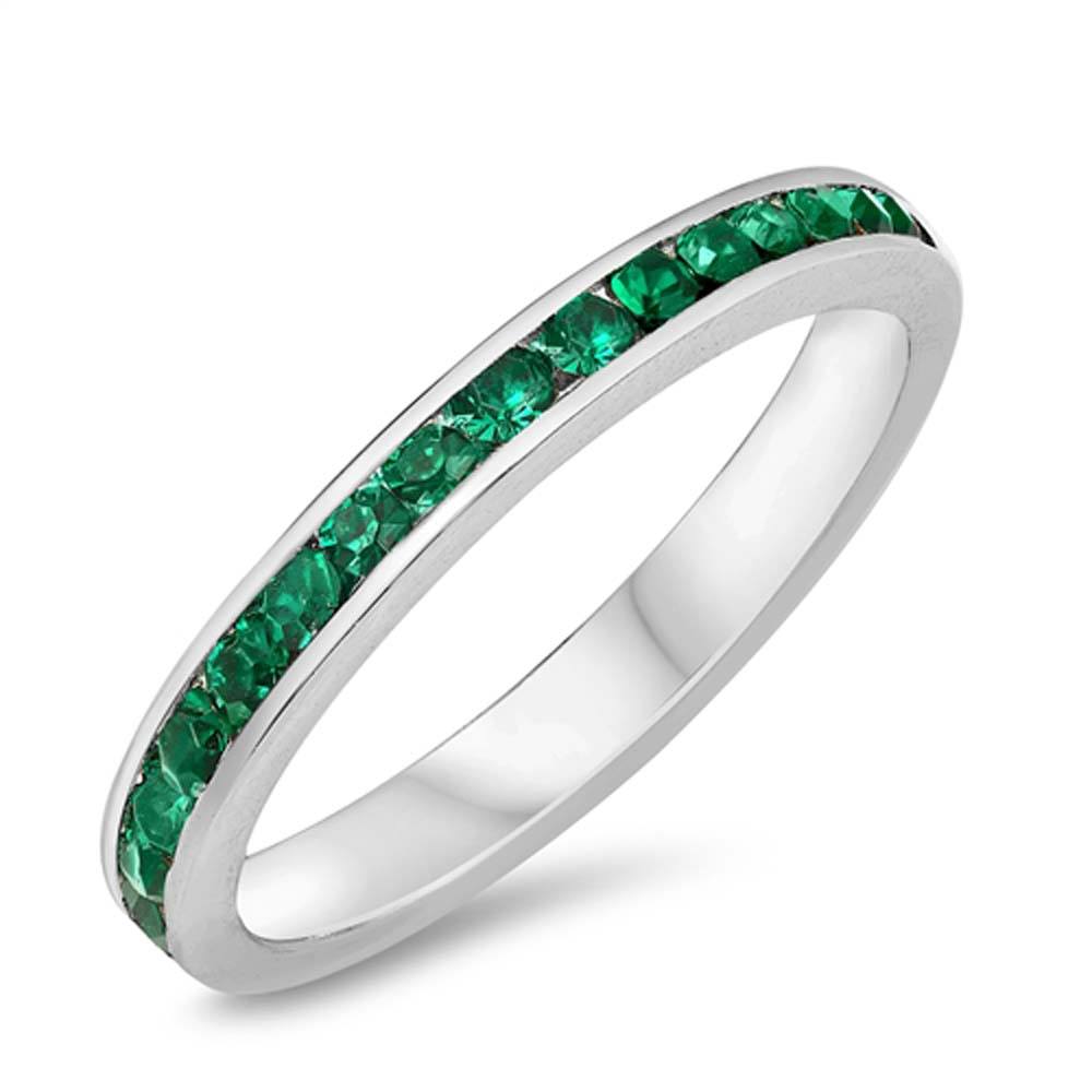 Sterling Silver Eternity Band Ring with Emerald Crystals on Channel Setting with Rhodium FinishAnd Band Width 3MM