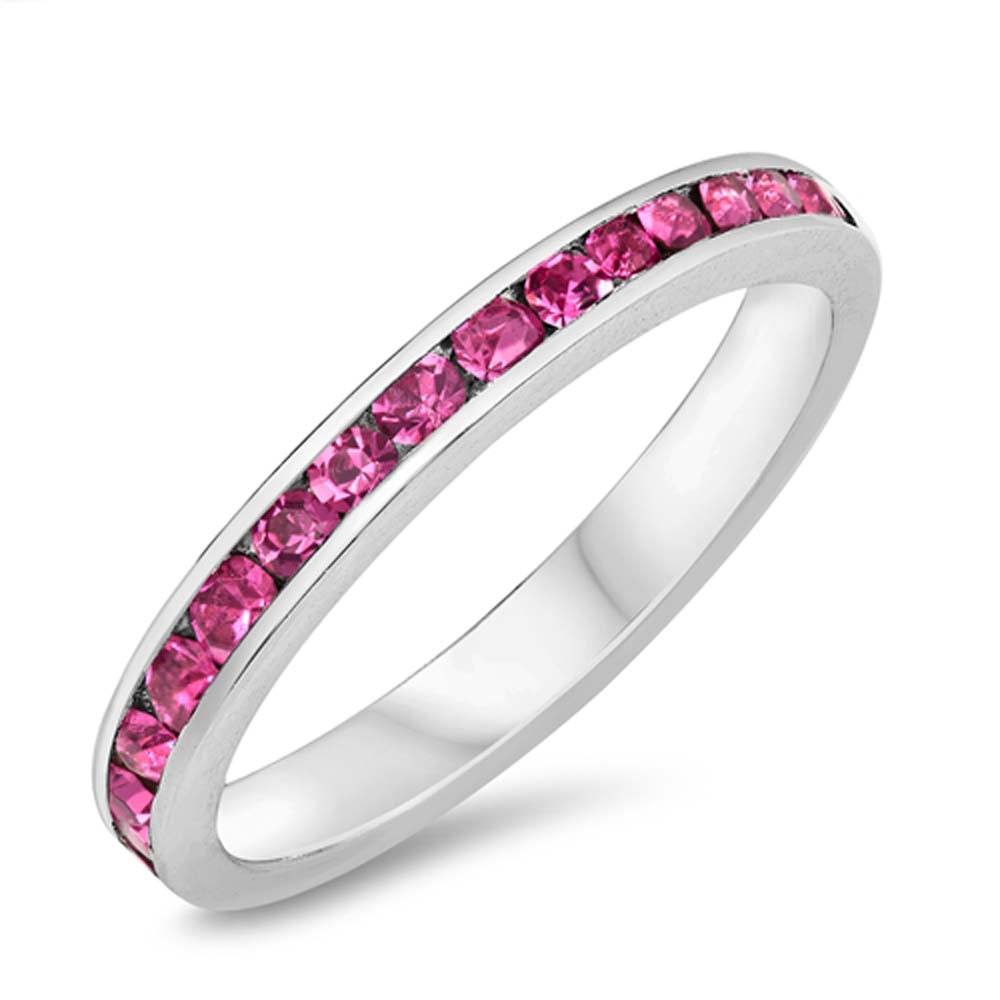 Sterling Silver Eternity Band Ring with Rose Pink Crystals on Channel Setting with Rhodium FinishAnd Band Width 3MM