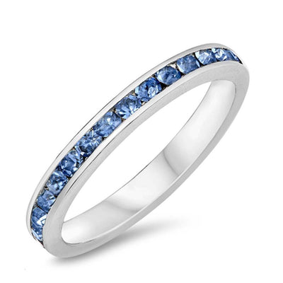 Sterling Silver Eternity Band Ring with Blue Topaz Crystals on Channel Setting with Rhodium FinishAnd Band Width 3MM