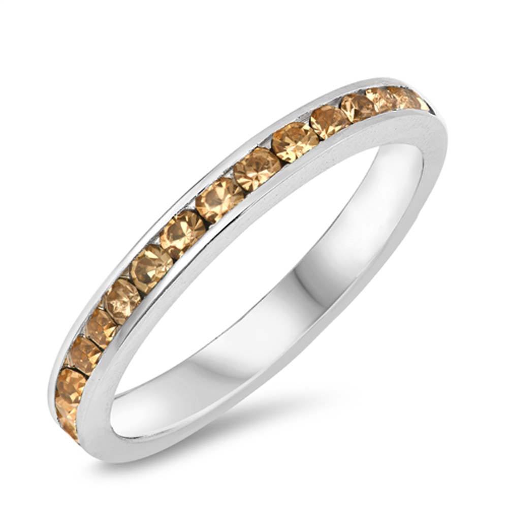 Sterling Silver Eternity Band Ring with Champagne Crystals on Channel Setting with Rhodium FinishAnd Band Width 3MM