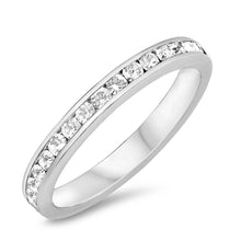 Load image into Gallery viewer, Sterling Silver Eternity Band Ring with Clear Swarovski Simulated Crystals on Channel Setting with Rhodium FinishAnd Band Width 3MM