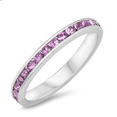 Sterling Silver Eternity Band Ring with Light Amethyst Swarovski Simulated Crystals on Channel Setting with Rhodium FinishAnd Band Width 3MM