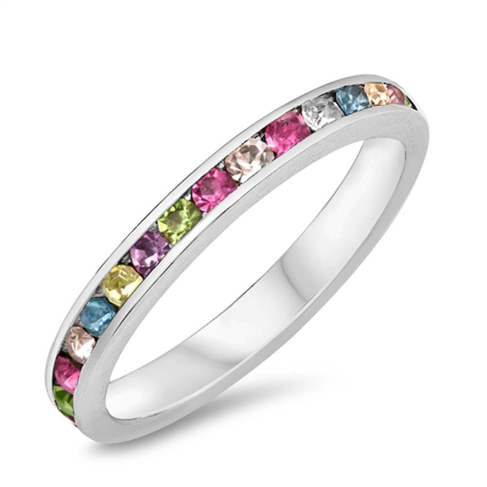 Sterling Silver Eternity Band Ring with Multi Color Crystals on Channel Setting with Rhodium FinishAnd Band Width 3MM