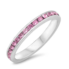 Load image into Gallery viewer, Sterling Silver Eternity Band Ring with Pink Swarovski Simulated Crystals on Channel Setting with Rhodium FinishAnd Band Width 3MM