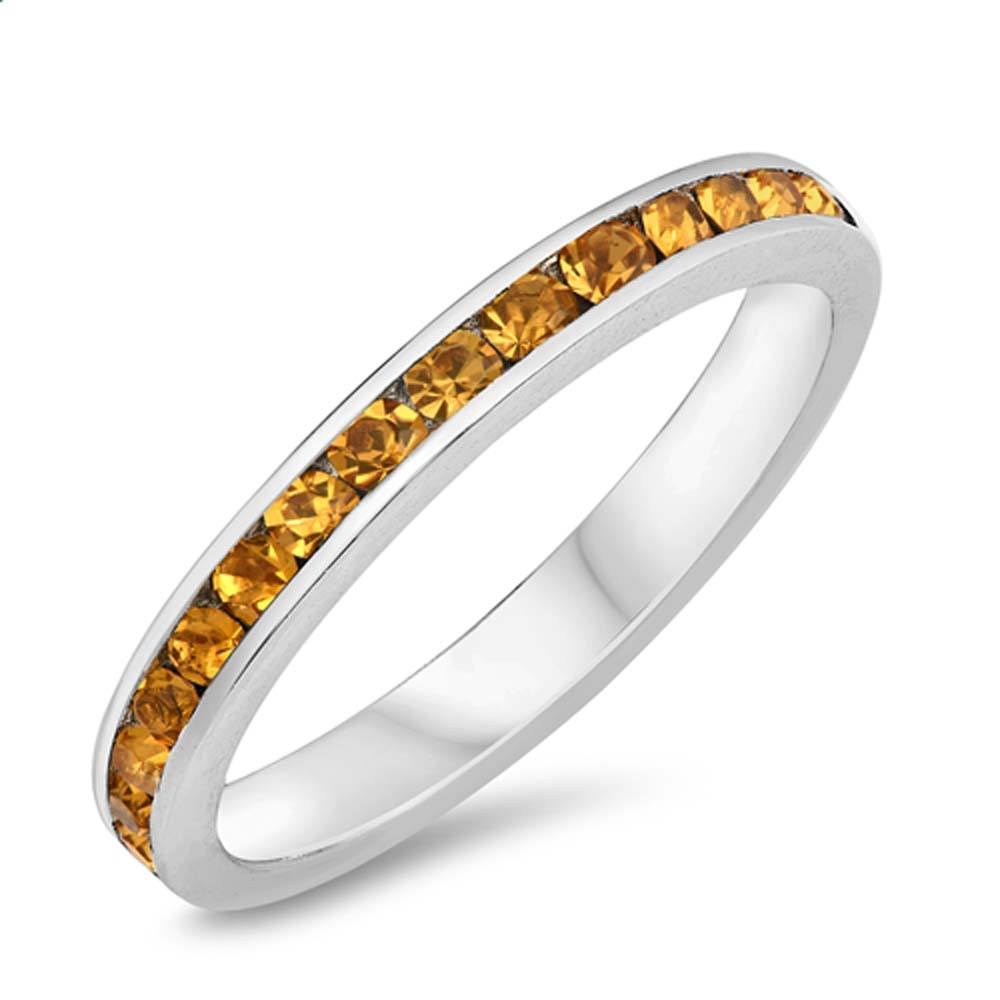Sterling Silver Eternity Band Ring with Yellow Topaz Crystals on Channel Setting with Rhodium FinishAnd Band Width 3MM
