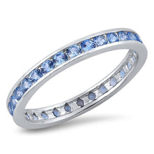 Load image into Gallery viewer, Sterling Silver 3mm Rhodium Plated Eternity Band Ring with Aquamarine Simulated Crystals on Channel Setting