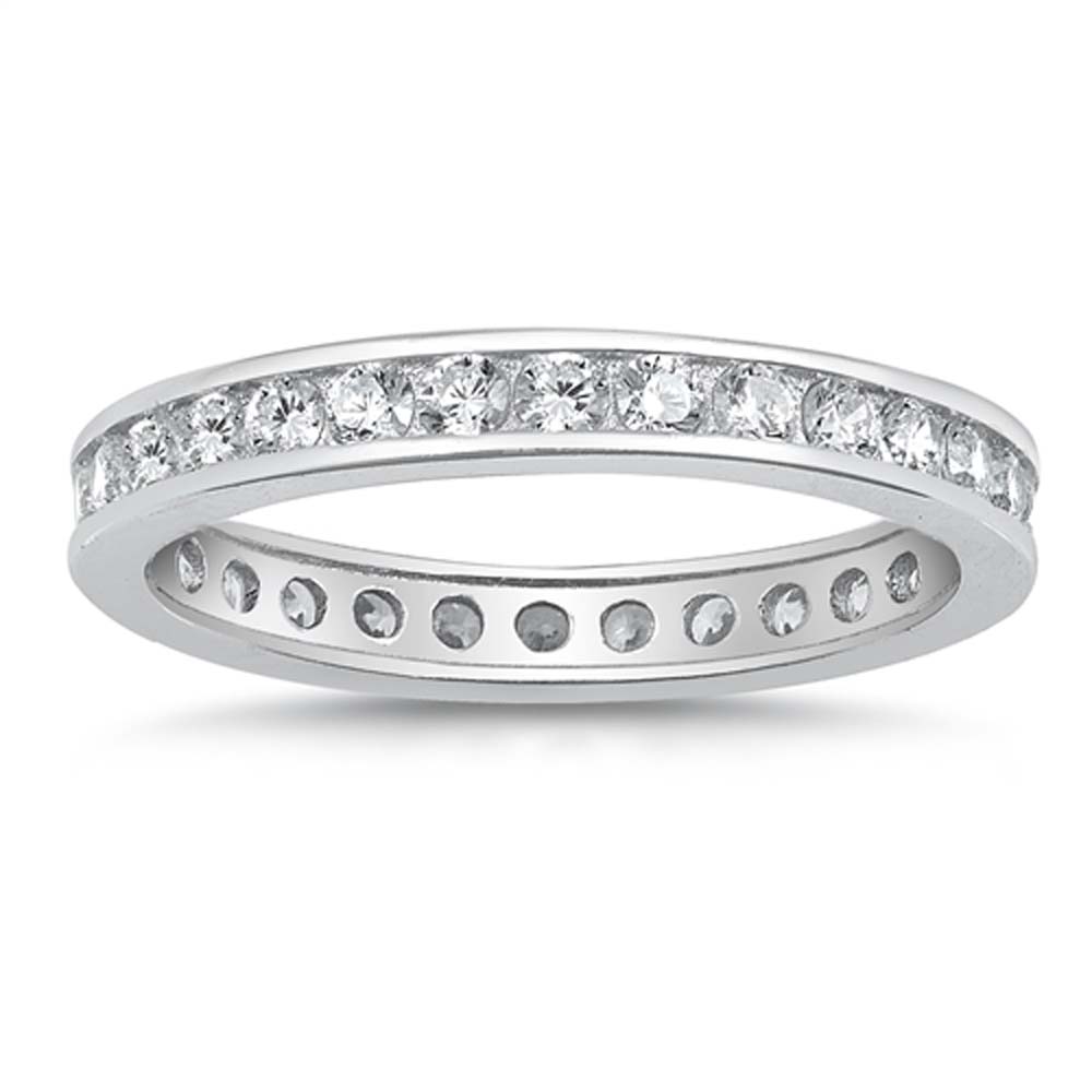 Sterling Silver 3mm Rhodium Plated Eternity Band Ring with Clear Crystals on Channel Setting