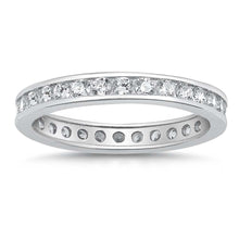 Load image into Gallery viewer, Sterling Silver 3mm Rhodium Plated Eternity Band Ring with Clear Simulated Crystals on Channel Setting