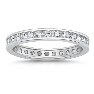 Sterling Silver 3mm Rhodium Plated Eternity Band Ring with Clear Crystals on Channel Setting