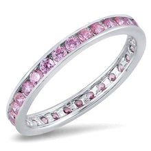 Load image into Gallery viewer, Sterling Silver 3mm Rhodium Plated Eternity Band Ring with Pink Simulated Crystals on Channel Setting