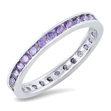 Load image into Gallery viewer, Sterling Silver 3mm Rhodium Plated Eternity Band Ring with Amethyst Simulated Crystals on Channel Setting