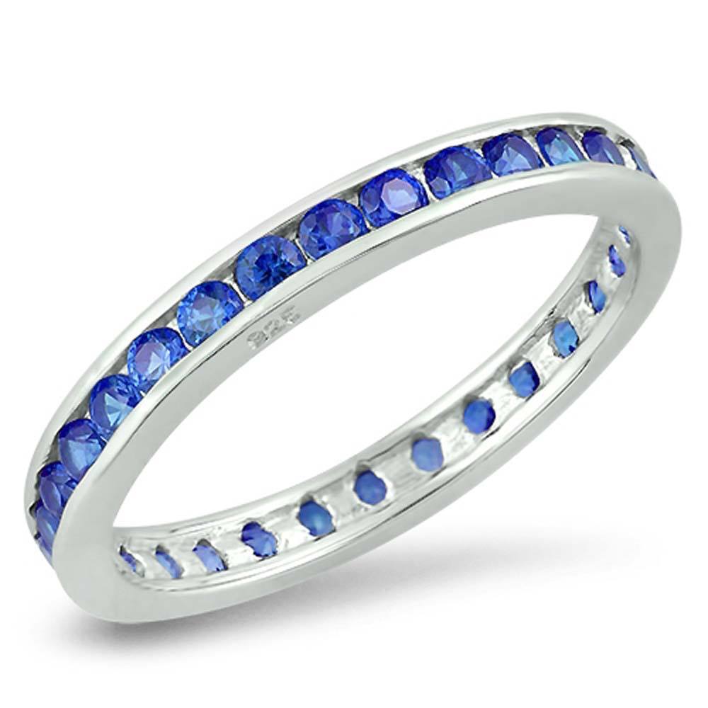 Sterling Silver 3mm Rhodium Plated Eternity Band Ring with Blue Sapphire Crystals on Channel Setting