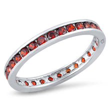 Load image into Gallery viewer, Sterling Silver 3mm Rhodium Plated Eternity Band Ring with Garnet Simulated Crystals on Channel Setting