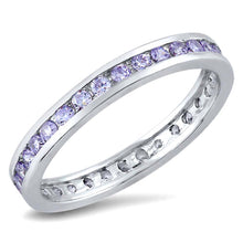 Load image into Gallery viewer, Sterling Silver 3mm Rhodium Plated Eternity Band Ring with Lavender Simulated Crystals on Channel Setting