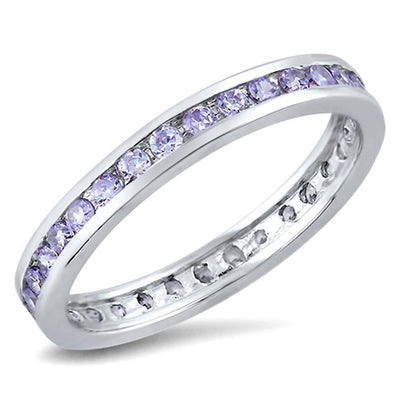 Sterling Silver 3mm Rhodium Plated Eternity Band Ring with Lavender Crystals on Channel Setting