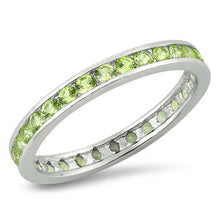 Load image into Gallery viewer, Sterling Silver 3mm Rhodium Plated Eternity Band Ring with Peridot Crystals on Channel Setting