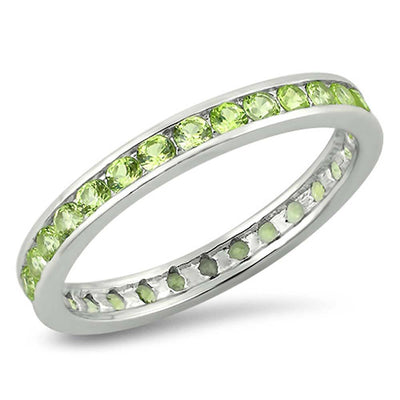 Sterling Silver 3mm Rhodium Plated Eternity Band Ring with Peridot Crystals on Channel Setting