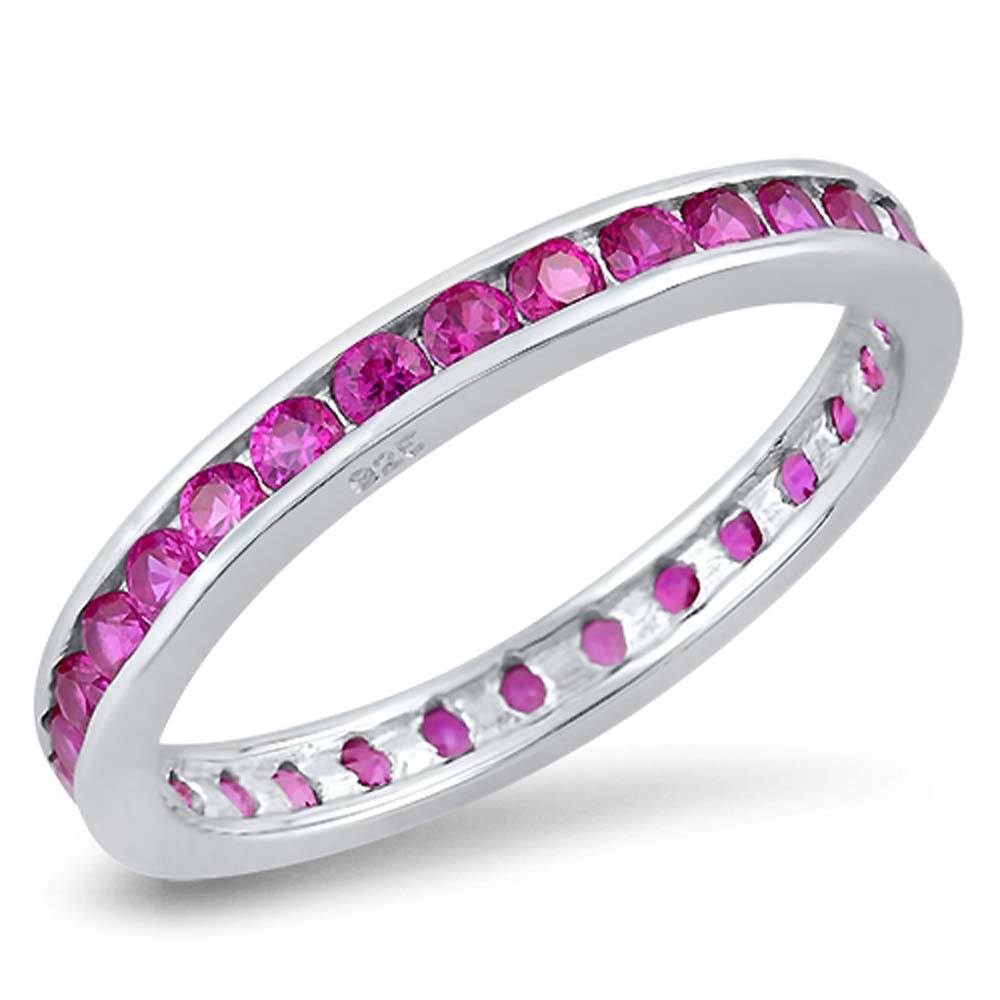 Sterling Silver 3mm Rhodium Plated Eternity Band Ring with Ruby Simulated Crystals on Channel Setting