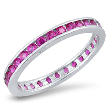 Load image into Gallery viewer, Sterling Silver 3mm Rhodium Plated Eternity Band Ring with Ruby Simulated Crystals on Channel Setting