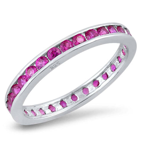 Sterling Silver 3mm Rhodium Plated Eternity Band Ring with Ruby Simulated Crystals on Channel Setting