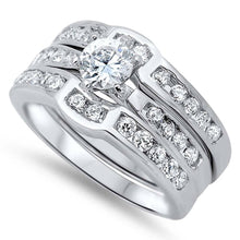 Load image into Gallery viewer, Sterling Silver Clear CZ Fancy 3 Piece Engagement Ring Set with Ring Face Height of 10MM and Ring Band Width of 7MM