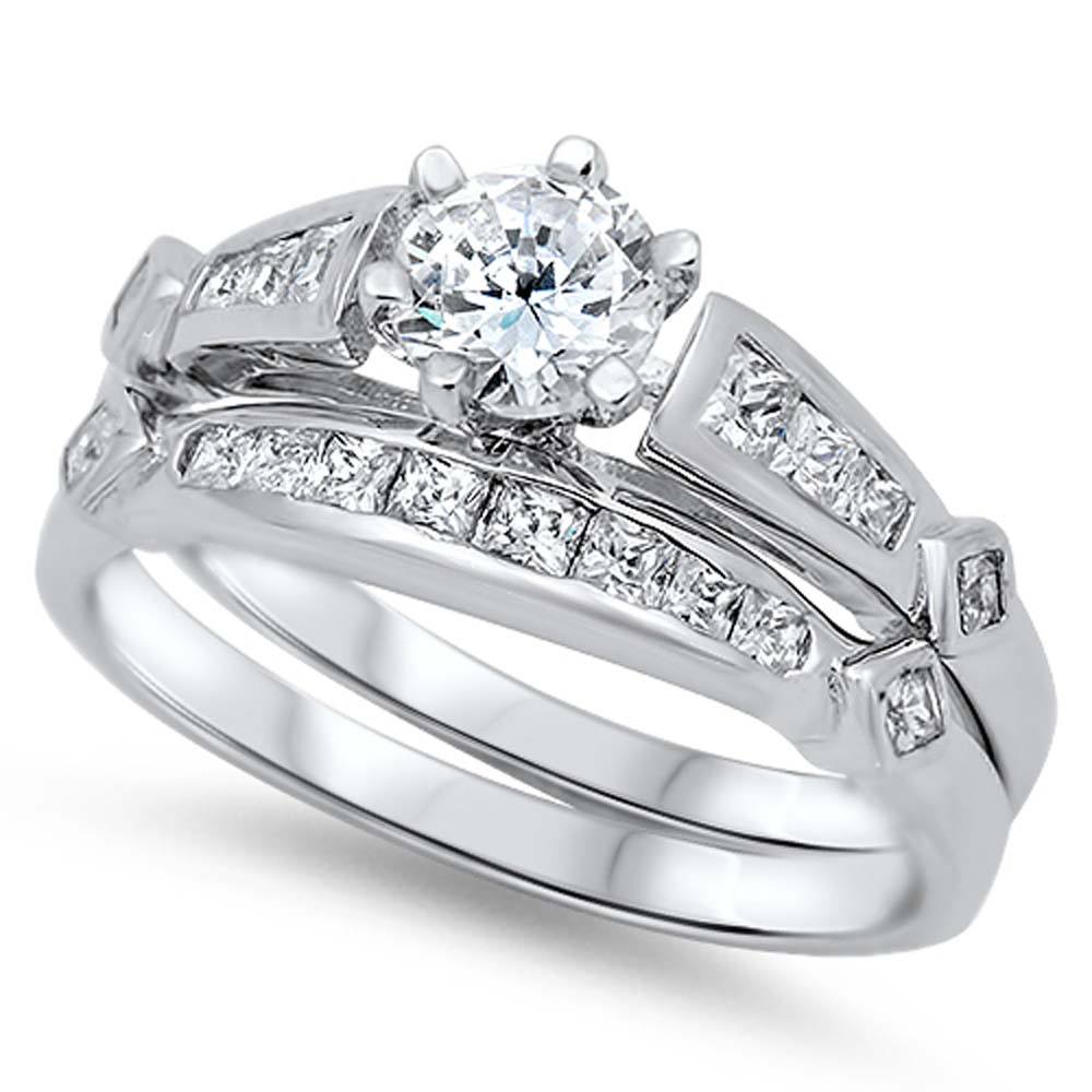 Sterling Silver Pincess Cut Clear CZ 2 Piece Engagement Ring Set with a Round Clear CZ in the CenterAnd Ring Face Width of 7MM and Ring Band Width of 2MM