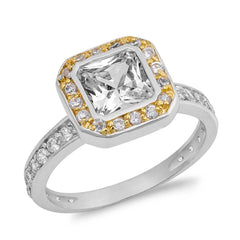 Sterling Silver Square Shaped Yellow And Clear CZ RingAnd Face Height 12mmAnd Band Width 3mm