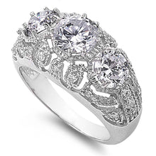 Load image into Gallery viewer, Sterling Silver Three Stones Blue Sapphire Round Shaped Clear CZ RingAnd Face Height 12mmAnd Band Width 4mm