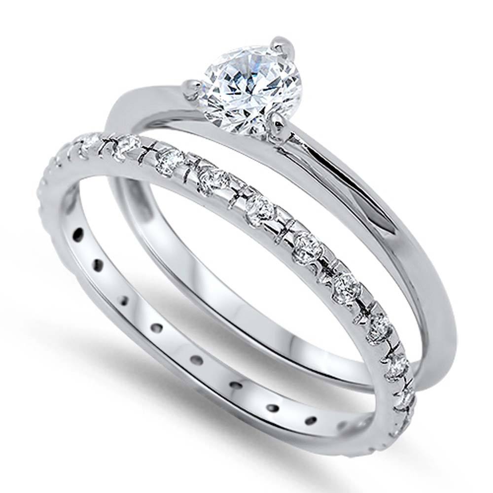 Sterling Silver Clear CZ Fancy 2 Piece Engagement Ring Set with 3 Prong Set Round Clear CZ in the CenterAnd Ring Face Height of 5MM and Ring Band Width of 2MM
