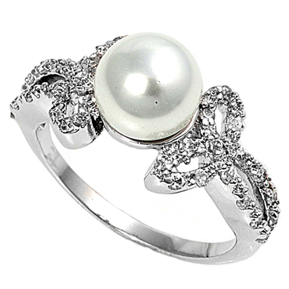 Sterling Silver Simulated Pearl And Cubic Zirconia Ring