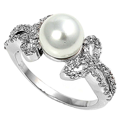 Sterling Silver Simulated Pearl And Cubic Zirconia Ring