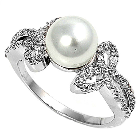 Sterling Silver Simulated Pearl And Cubic Zirconia Ring