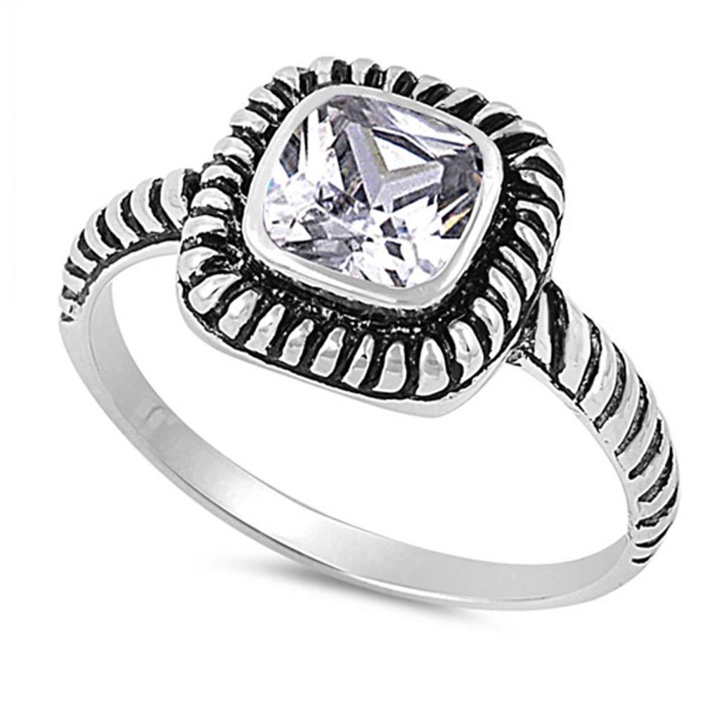 Sterling Silver Square Shaped Clear CZ Ring And Face Height 8mm