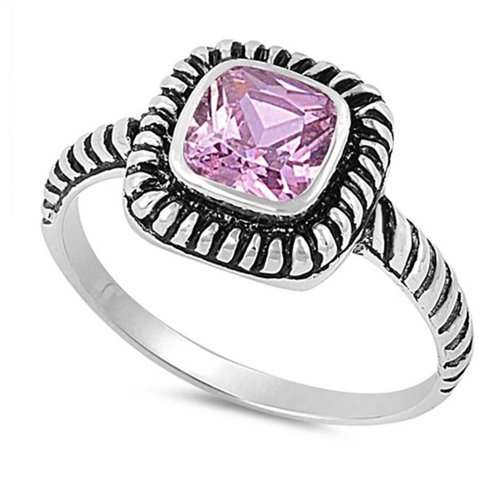 Sterling Silver Pink Square Shaped CZ Ring And Face Height 8mm