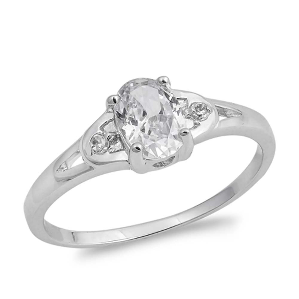 Sterling Silver Oval Shaped Clear CZ RingAnd Face Height 7mmAnd Band Width 2mm