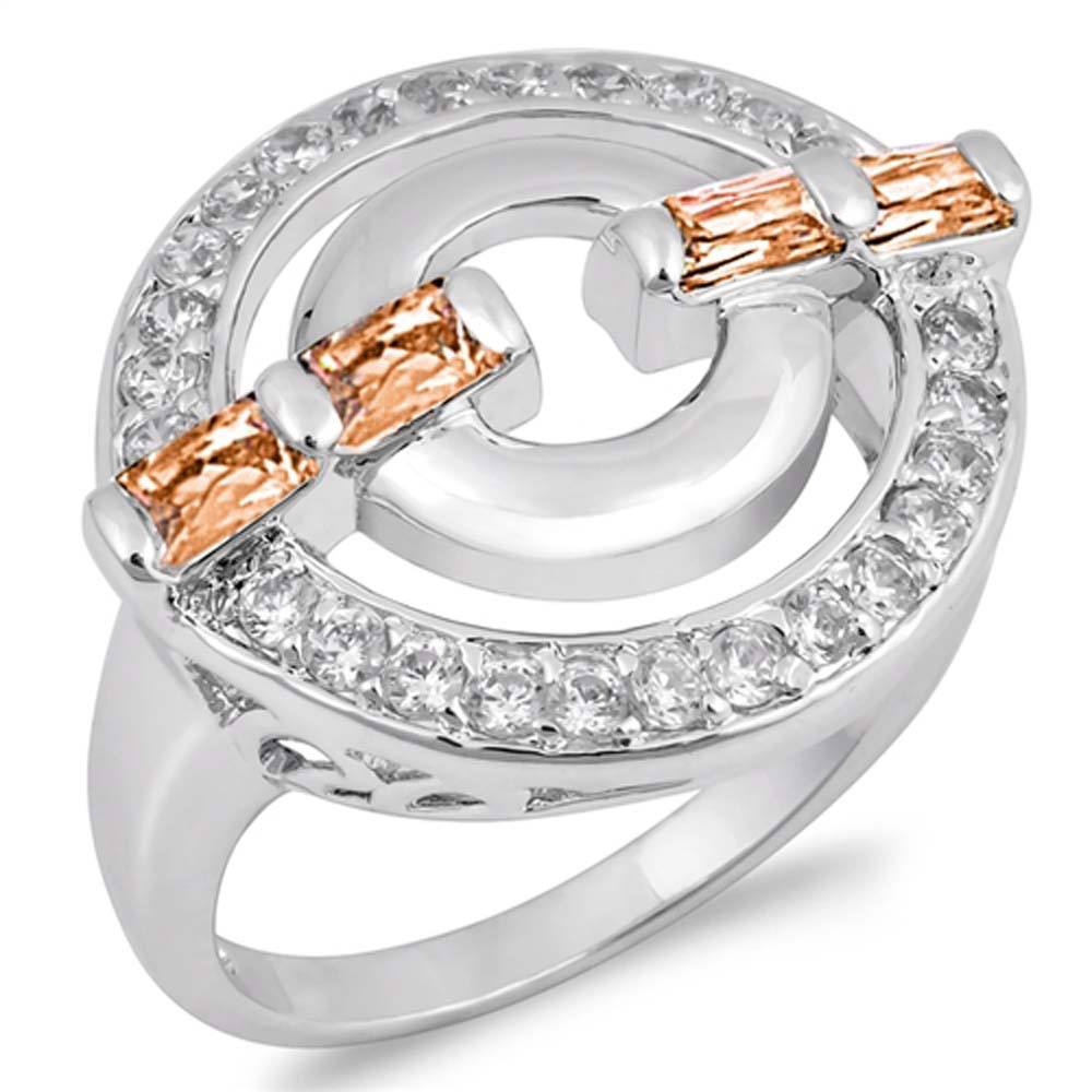 Sterling Silver Round Circle Lock Shaped Garnet And Clear CZ Ring
