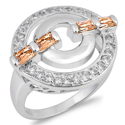 Sterling Silver Round Circle Lock Shaped Garnet And Clear CZ Ring