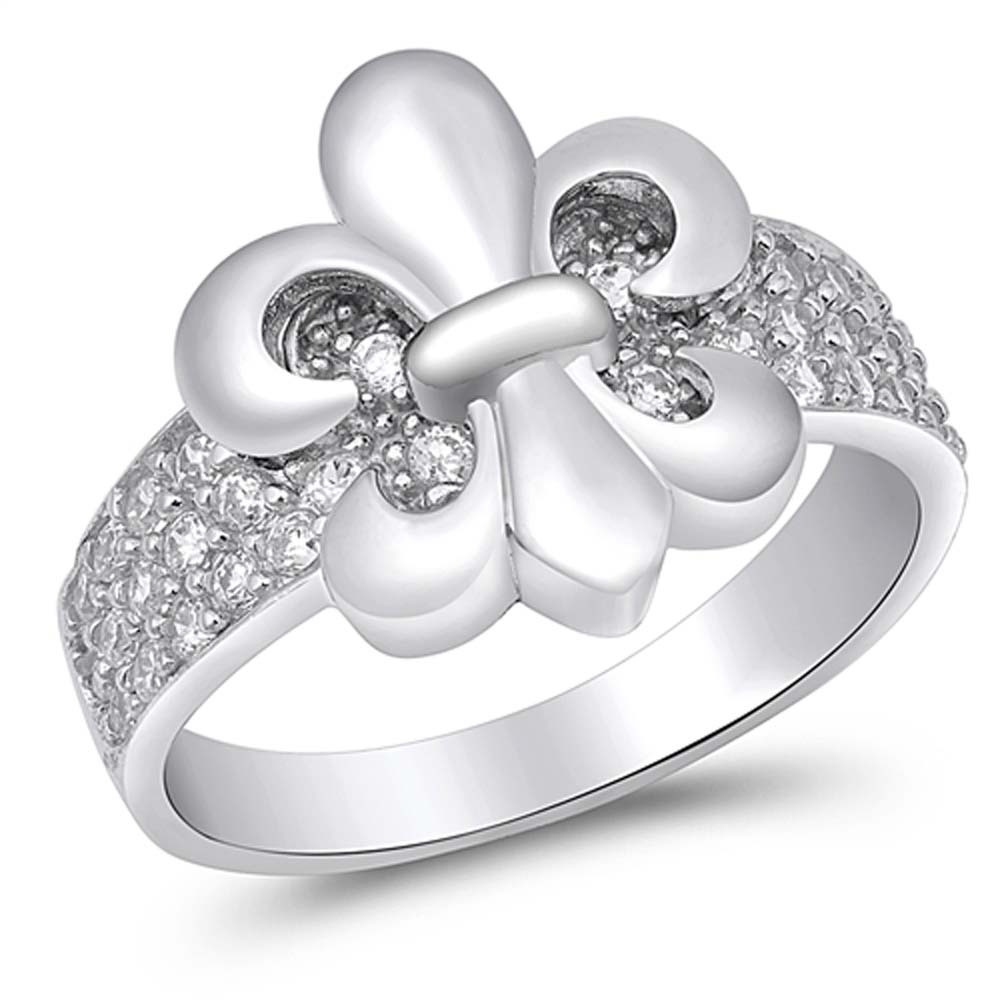 Sterling Silver Fleur De Lis Clear CZ RingAnd Face Height 12mm